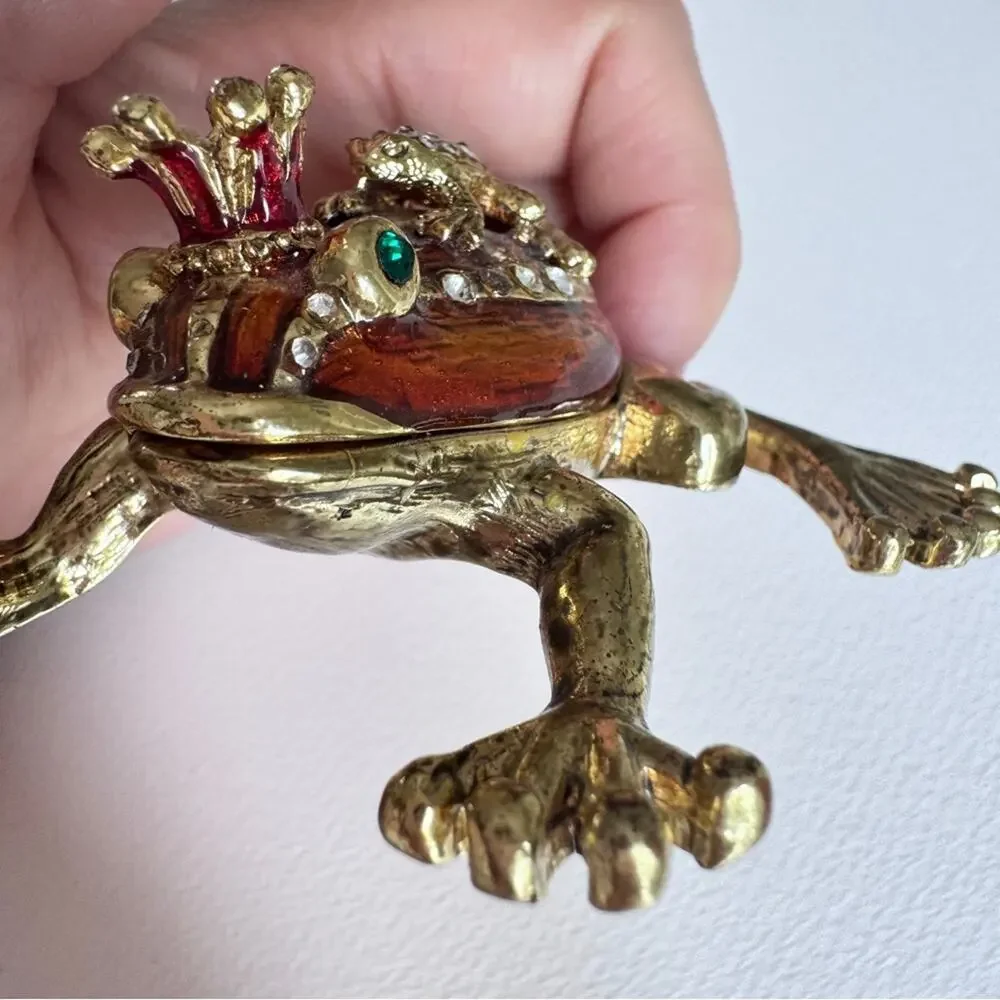 Vintage Gold Tone Brown Enamel Frog Prince Trinket Box Shelf Sitter